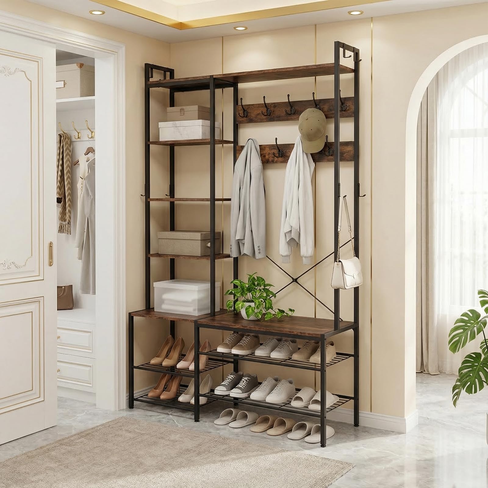 EGGREE Perchero Recibidor con Banco Zapatero,Mueble de Entrada 6 en 1 con Zapatero,5 Estantes de Almacenaje,9 Ganchos Triples,8 Ganchos Laterales,120 x 40 x 190 cm,Marrón Vintage y Negro