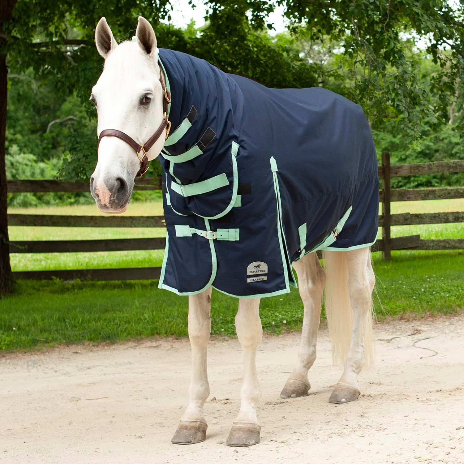 SmartPak Classic 600D Combo Neck Turnout Horse Blanket-75-Medium (220g)-Navy w/Mint Trim