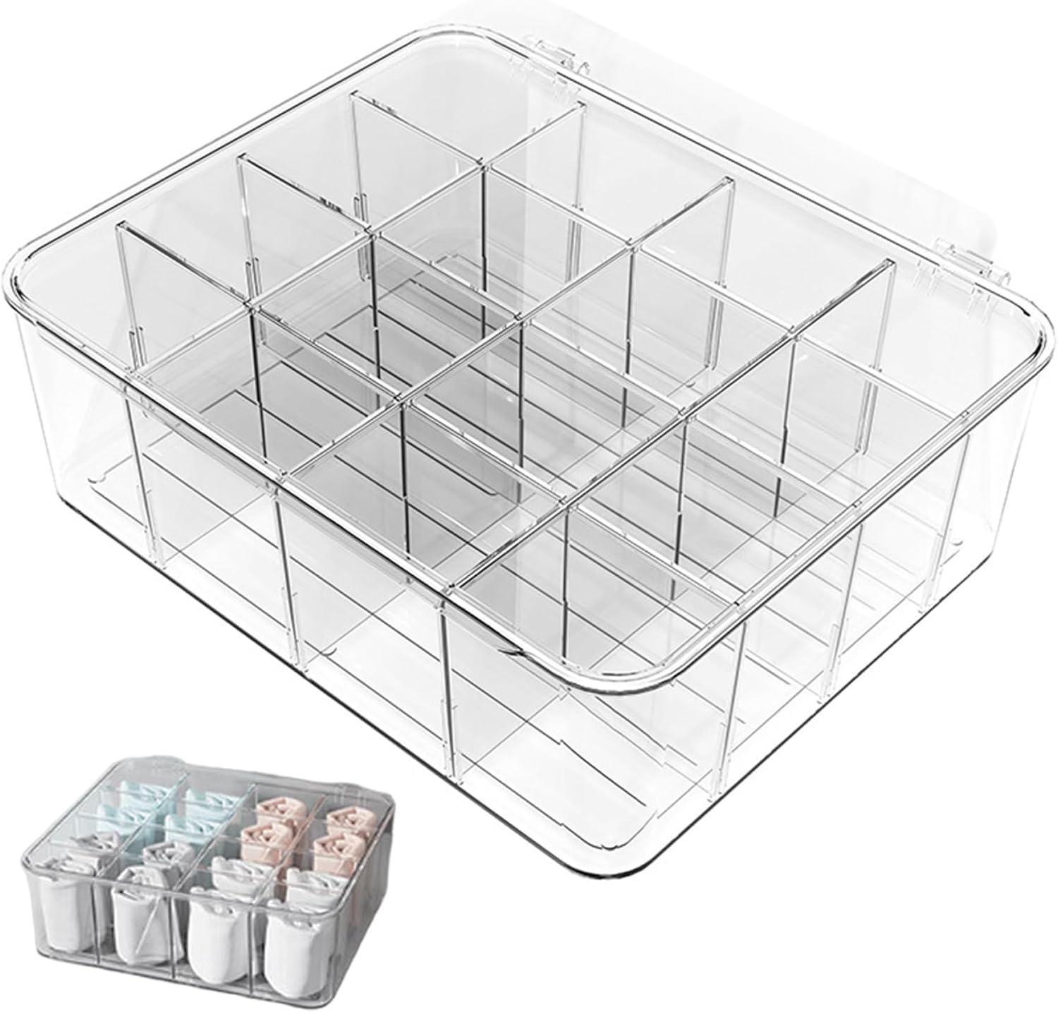 Socks Organizer Underwear Organizer, 16 Compartments Clear Plastic Underwear 12x10x4 Stackable Storage Bins for Bras, Socks, Scarves, Ties and Belts