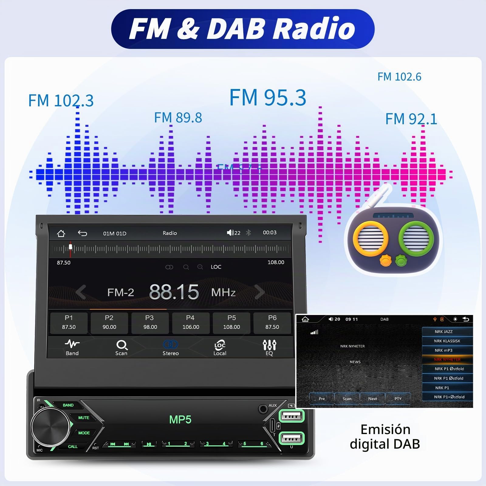 OiLiehu Dab+ Radio 1 DIN con CarPlay Android Auto Inalámbrico, 7" IPS Pantalla Retráctil Manual Radio para Coche con Enlace Espejo, Bluetooth, FM/Dab, SWC, AUX, EQ, USB, Tipo-C, Camara Marcha Atras