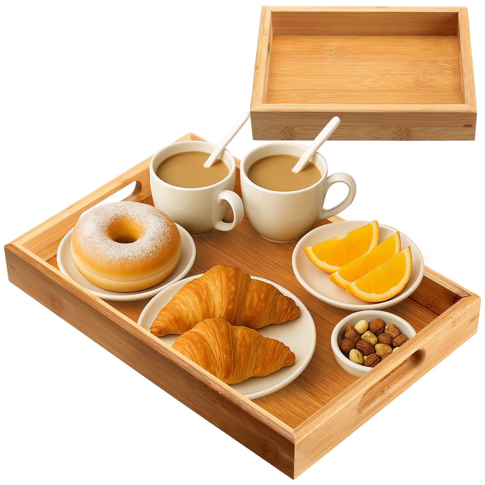 2 Pcs Wooden Trays with Handles, Bamboo Wood Serving Tray with Handles,Rectangular Wooden Serving Platter, for Kitchen Coffee Table Dinner Drinks Food Tea Breakfast Trays(Small + Large)