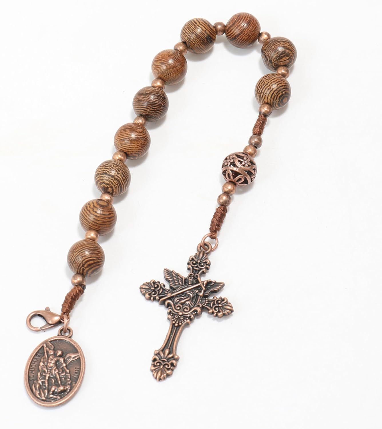 Nazareth Store Wood Beads One Decade Rosary Handmade Pocket Car Mirror with Saint Medal and Jesus Cross in Antique Bronze Wooden Travel Friendly Rosary - Image 6