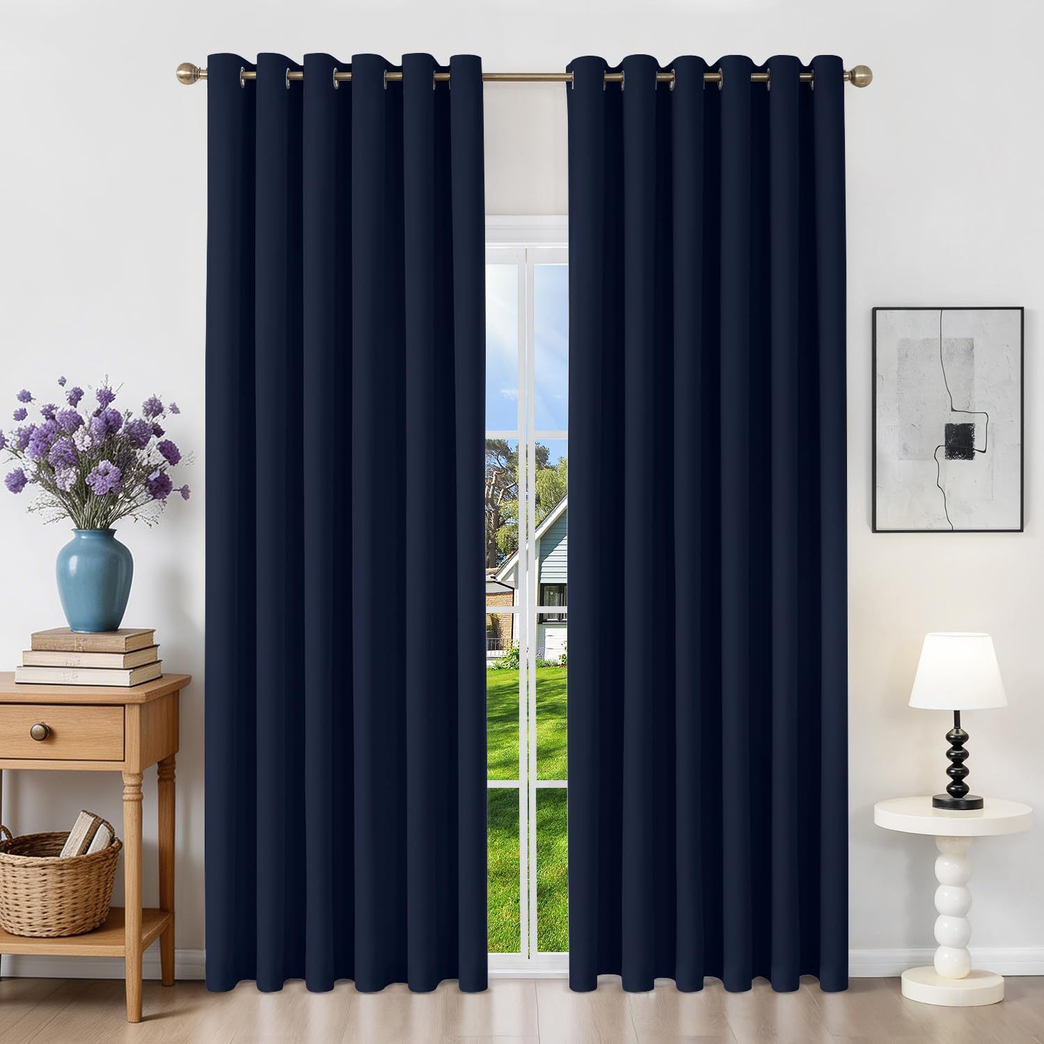 Runyéla Blackout Curtains for Bedroom Eyelet 90 x 90 Inch Drop Thermal Black Out Curtain for Living Room, 2 Panels, Navy Blue