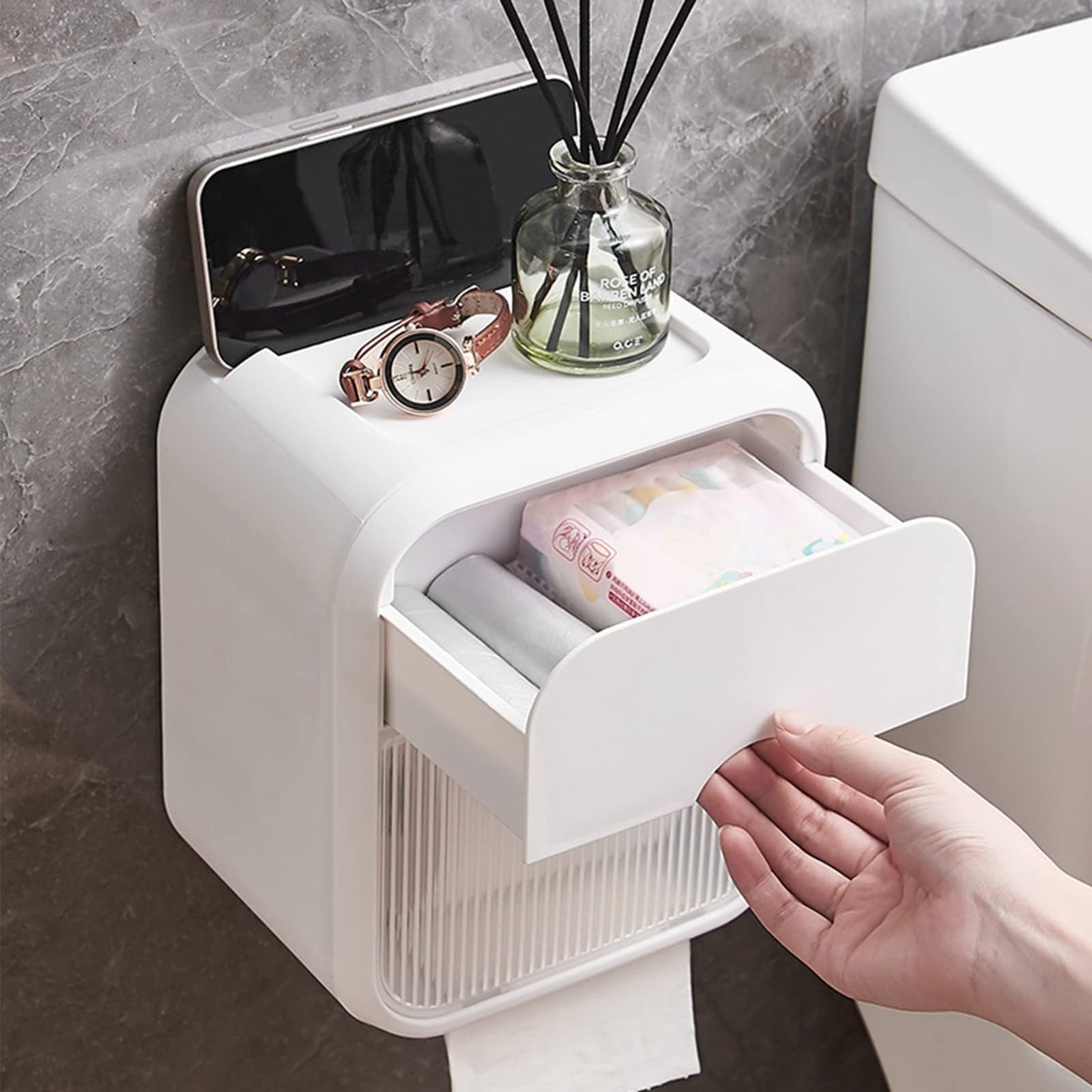NALACAL Wall Mounted Tissue Storage Box - Toilet Paper Box Dispenser with Phone Holder Organizer Drawer Bathroom Towel Period Trash Bag Home Accessories Multifunction Tissue Storage Box