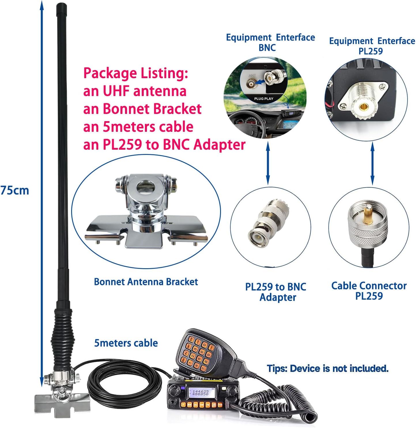 SIGNALPLUS 2m 70cm GMRS Mobile Antenna for Vehicle, VHF UHF Car Ham Radio Antenna with Spring Base, Car Bonnet Bracket, PL259, Compatible with Amateur Mobile Radio, Ham Radio, GMRS Two Way Radio
