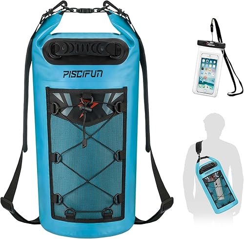Vista 15 de Piscifun Bolsa seca, mochila flotante impermeable 10L/20L/30L/40L con funda impermeable para teléfono para navegación, kayak, pesca Sapphire Blue