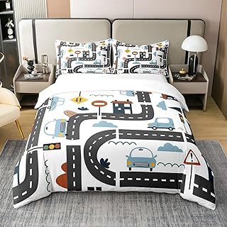 100% Pure Cotton Road Traffic Themed Duvet Cover Set Queen for Kids Boys Watercolor Car Vehicle Transport Bedding Set Cartoon Cute Vehicles City Map Comforter Cover with 2 Pillowcases