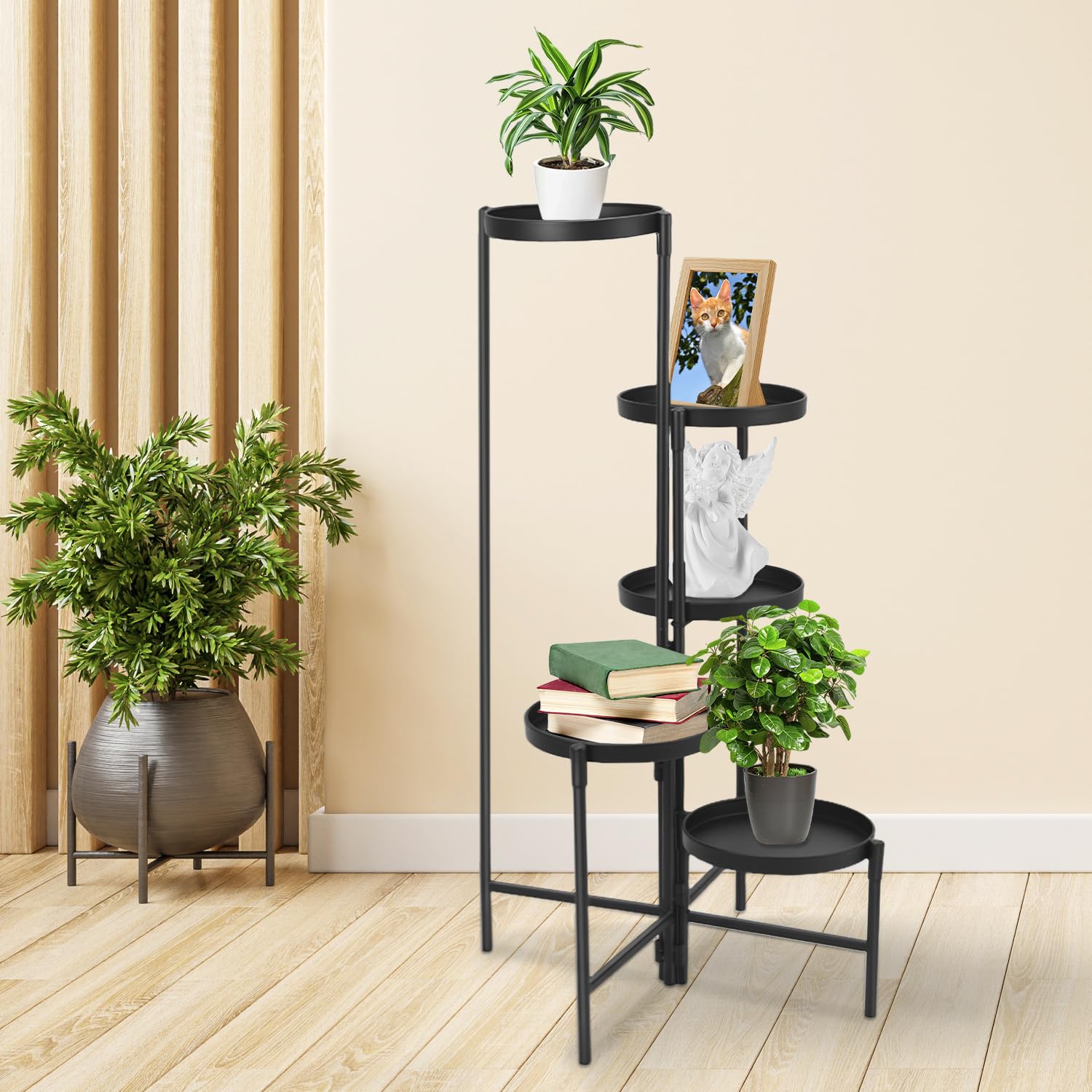 QWORK® Supporto per piante in metallo a 5 livelli, ripiano per piante da interno ed esterno, supporto per fiori a più livelli, nero