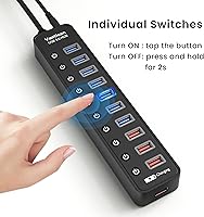 Vista 3 de Concentrador USB 3.0 alimentado, extensión divisor de concentrador USB de 11 puertos, 7 puertos de datos USB 3.0 + 4 puertos de carga inteligente