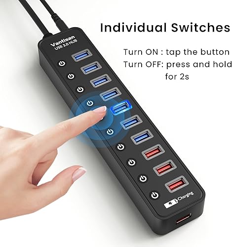 Miniatura 3 de Concentrador USB 3.0 alimentado, extensión divisor de concentrador USB de 11 puertos, 7 puertos de datos USB 3.0 + 4 puertos de carga inteligente