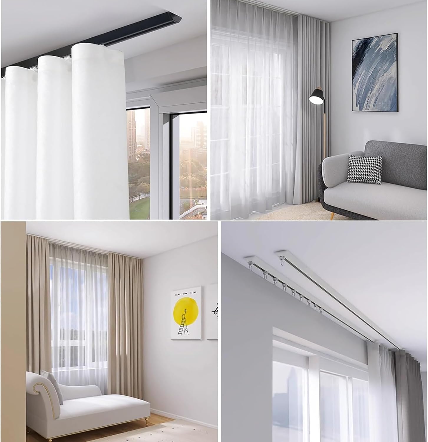 Aluminum Ceiling Track Rod for Inward Opening Silent r Rollers NoBracket Design Invisible Mounting for RV & Bay Windows 3.3ft/100cm White