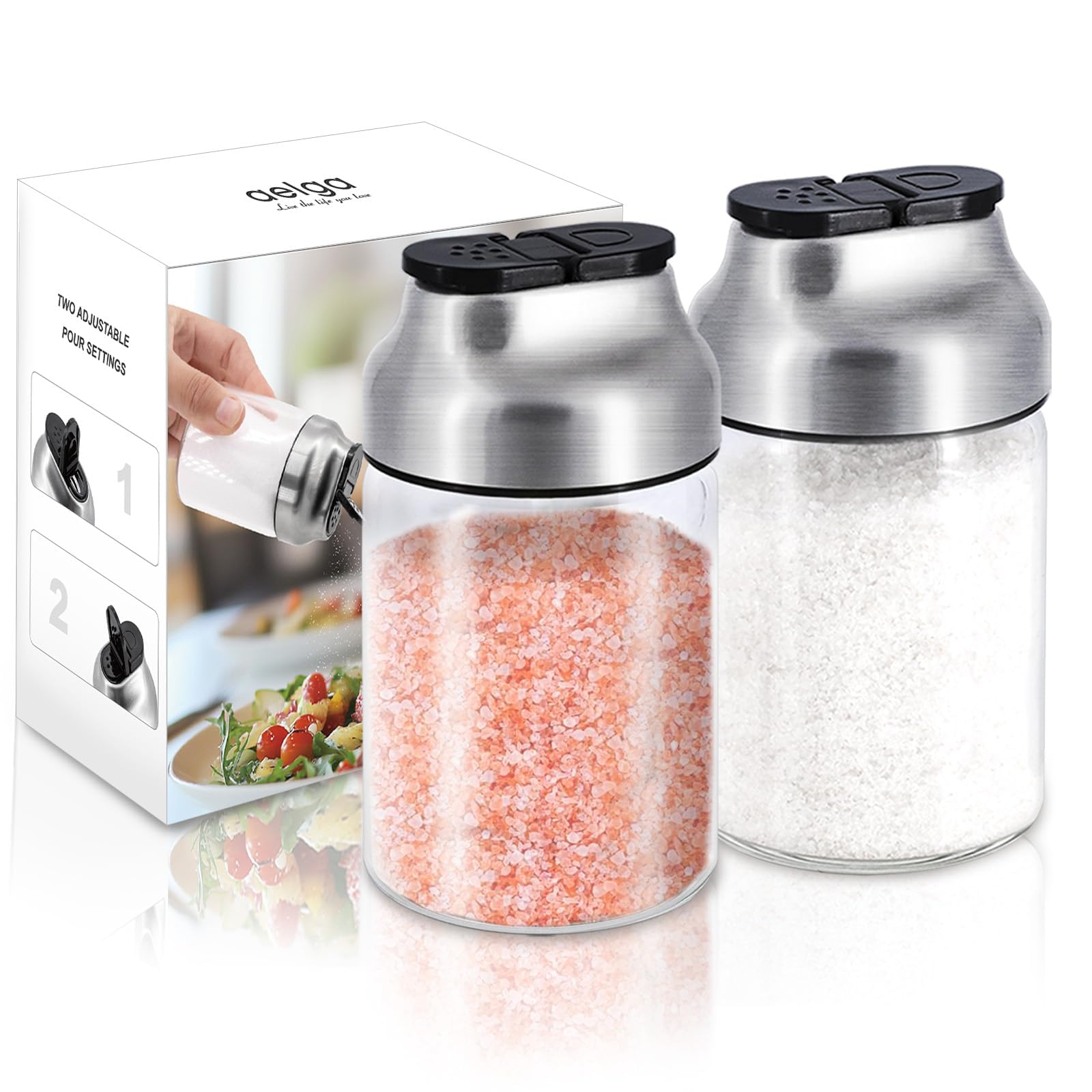 Aelga Juego de salero y pimentero, salero de vidrio de 5 onzas con agujeros de vertido ajustables, dispensador de azúcar con tapa de acero inoxidable, elegantes accesorios de mesa de cocina