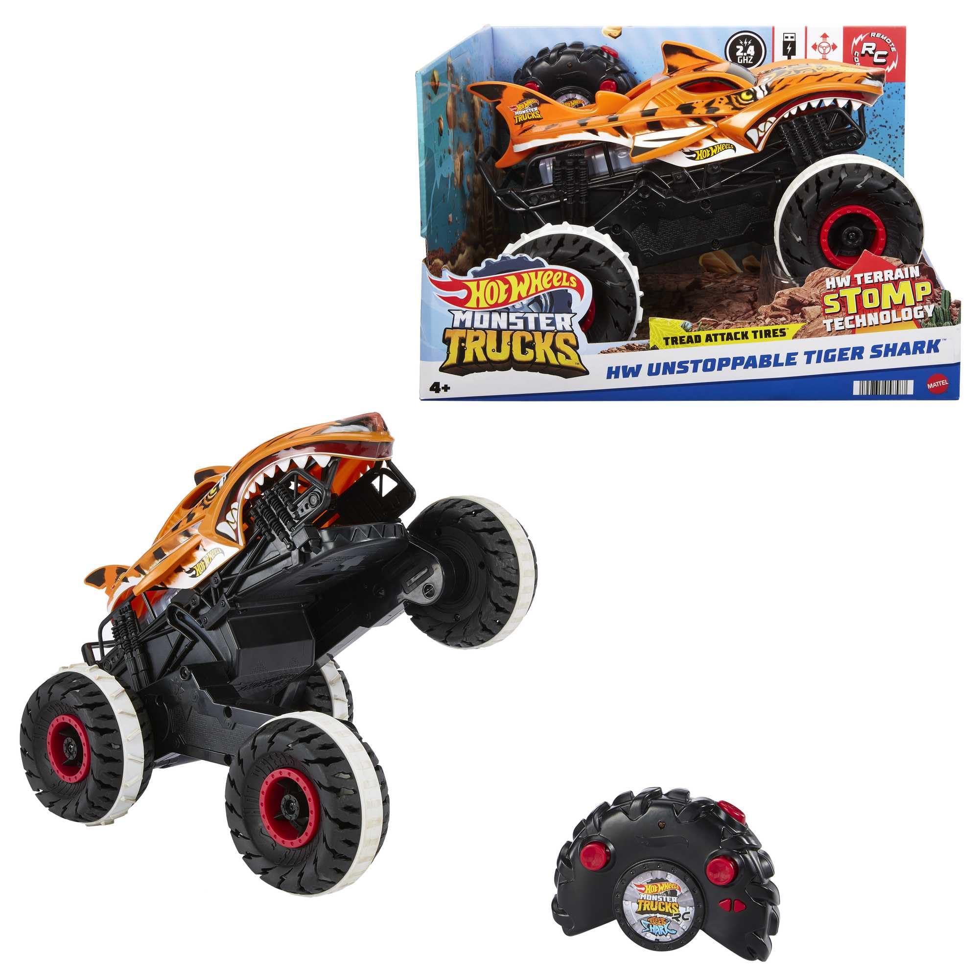 Hot Wheels RC Toy, Remote-Control Monster Trucks Unstoppable Tiger Shark in 1:15 Scale with Terrain Action Tires