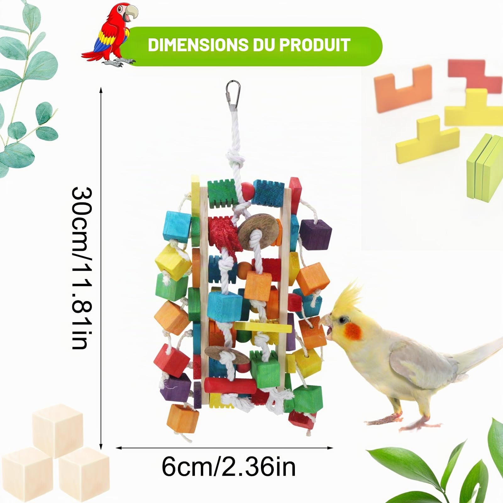 MQUPIN Grands jouets pour perroquet, blocs en bois colorés de différentes formes, 55,9 cm, jouets pour perroquets gris africains, amazons, cacatoès et aras