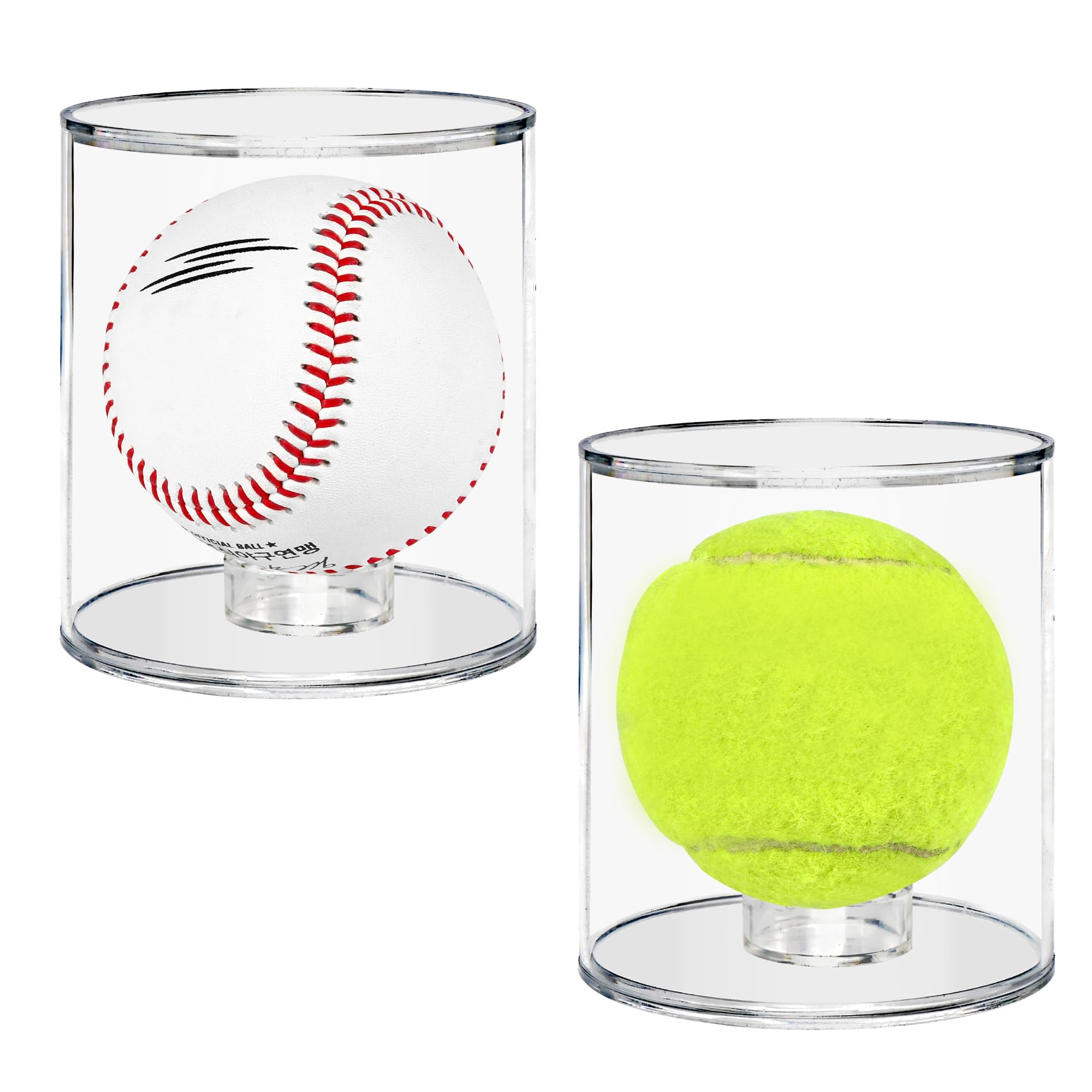 Baseball Display Case Cylinder,Larger Acrylic Display Case 3.5" Dia with Interior Replaceable Baseball Ring Holder & 2 Size-Varied Coin Holders (Round