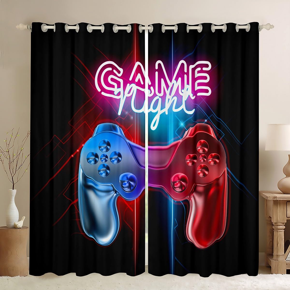 Tbrand Boys Games Curtains Gamer Window Drapes for Teens Kids Men Black Modern Video Game Controller Window Treatments Cool Blue Red Action Buttons Window Curtain Room Decor W66*L72 โ image 1