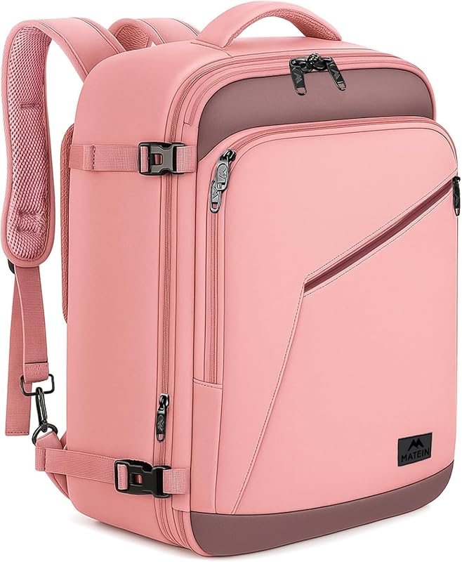 MATEIN Mochila de viaje rosa gris para mujer, mochila de transporte aprobada por vuelo | Bolsa de viaje grande con correa para el pecho para mujer, 40 L, bonita mochila informal para pasar la noche, al aire libre, negocios, resistente al agua