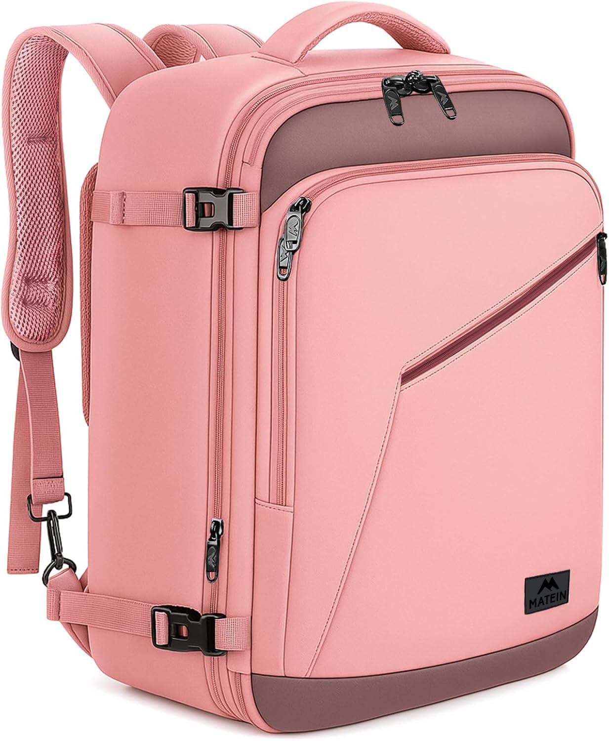 MATEIN Pink Grey Travel Backpack for Women, Flight Approved Carryon Daypack | Large Travelling Bag with Chest Strap for Womens, 40L, Cute Casual Daypack for Overnight, Outdoors, Business, Water Resistant