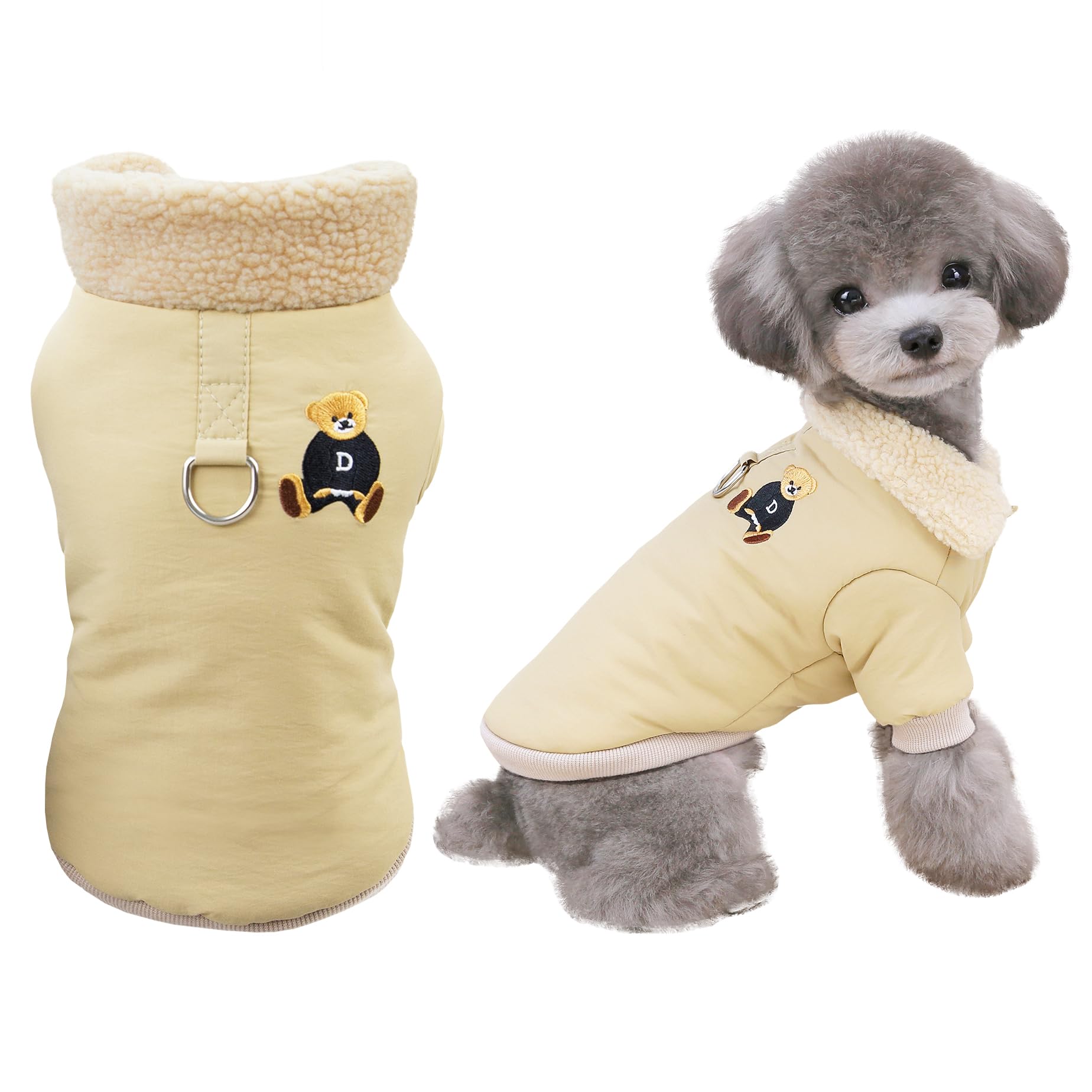 Izefia Dog Coat Cold Weather Coats Windproof Jacket Fleece Warm Sweater Winter Thick Clothes Vest Fleece Collar Bear Print Coat for Small Dog Medium Cat Khaki XL