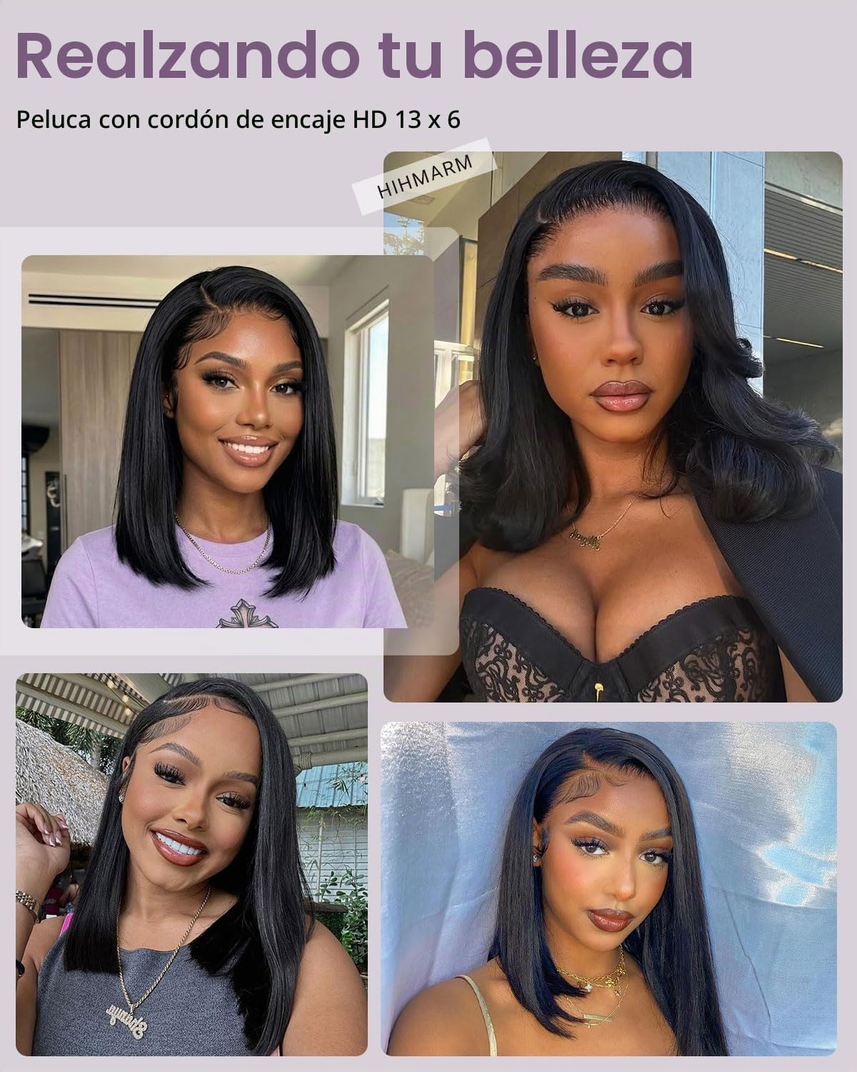 HUIWANYAN Hihmarm Peluca de cabello humano con encaje frontal HD de 33 x 10,2 cm, sin pegamento, predepilada, corto, estilo bob, para mujeres negras, línea capilar natural, densidad del 180%, 35,5 cm