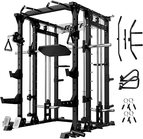 Miniatura 11 de RitFit Máquina Buffalo Smith, jaula eléctrica con sistema LAT-Pull Down y sistema de cruce de cables, estante de sentadillas todo en uno para