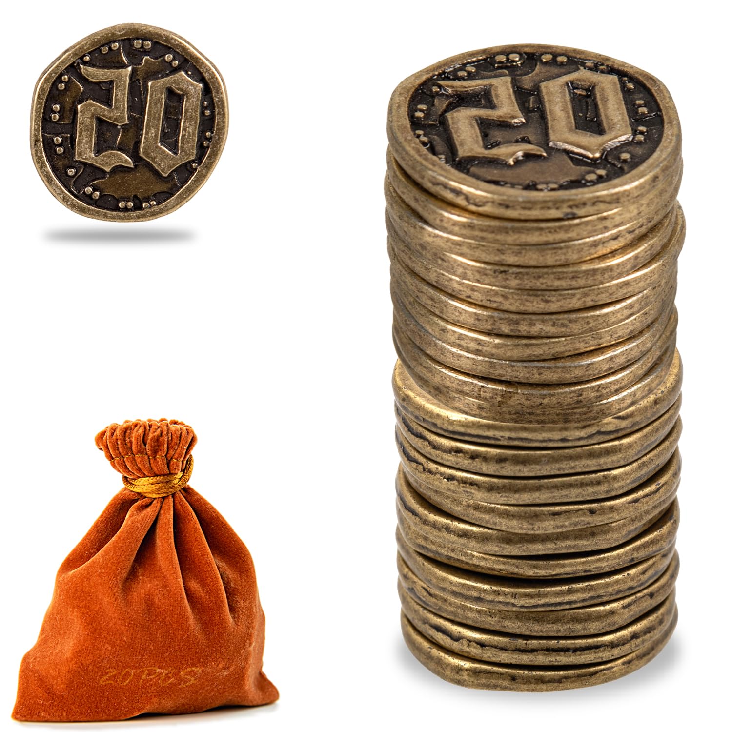 Monedas de metal para juegos de mesa, 20 fichas del tesoro para póquer, RPG, juegos de mesa de estrategia, moneda de fantasía, moneda genérica resistente (bronce, valor 20 monedas)