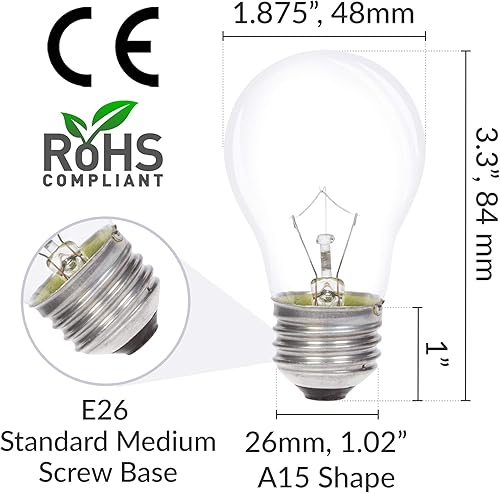 Miniatura 3 de Simba Lighting Bombilla de electrodoméstico A15 de 25 W (paquete de 6) incandescente de forma mini estándar con base de tornillo mediano estándar