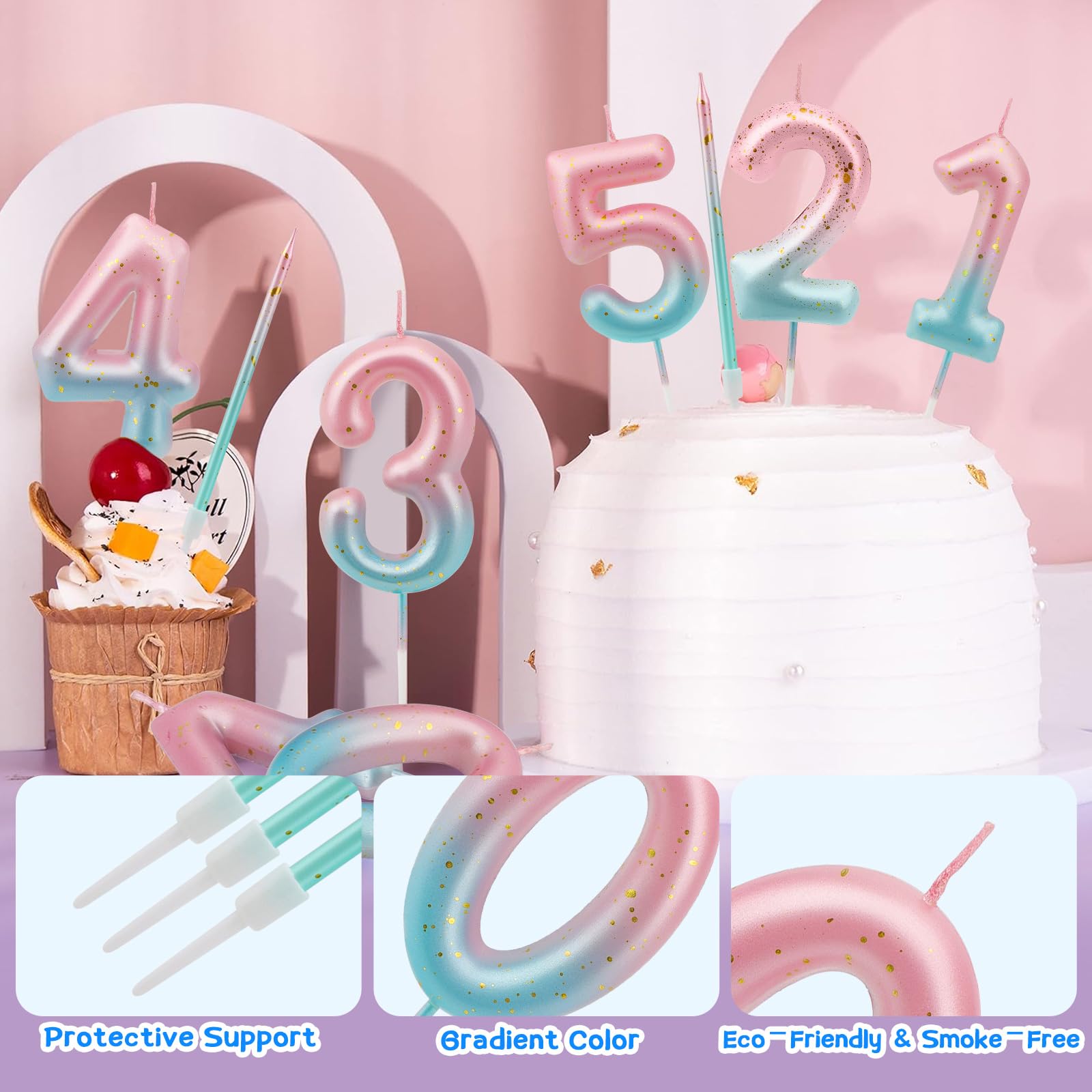 Bougie Anniversaire 3D Dégradé Bleu Rose Paillettes D'or Chiffre 3 Ans, Lot de 7