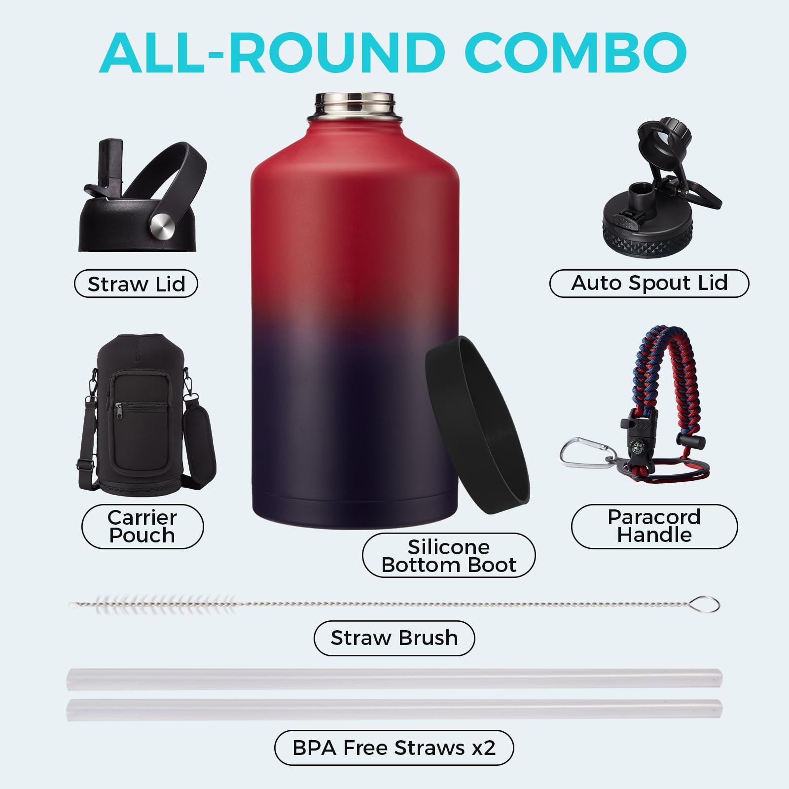 Botella de agua de 1 galón con pajita, jarra de agua de acero inoxidable de 128 onzas con bolsa de transporte, tapa de boquilla automática, mango de paracaídas, botellas de agua aisladas grandes,
