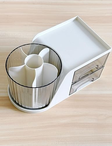 Miniatura 7 de Organizador de escritorio giratorio con 6 ranuras para bolígrafos y 2 cajones, soporte para bolígrafos para accesorios de escritorio y suministros