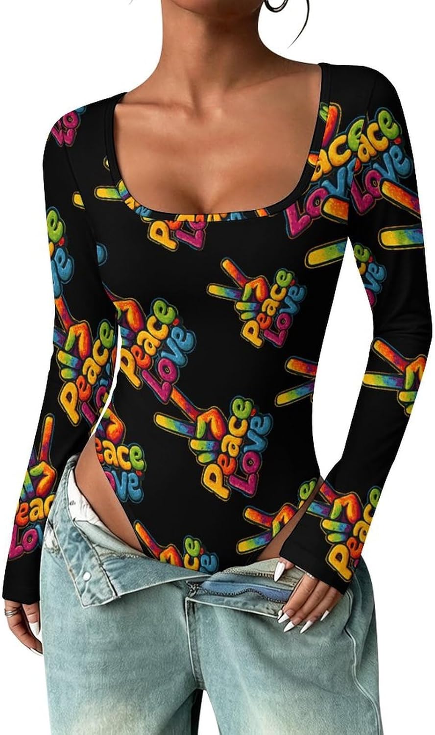 Rainbow Peace Love Sign Women's Bodysuits Long Sleeve Top 5XL
