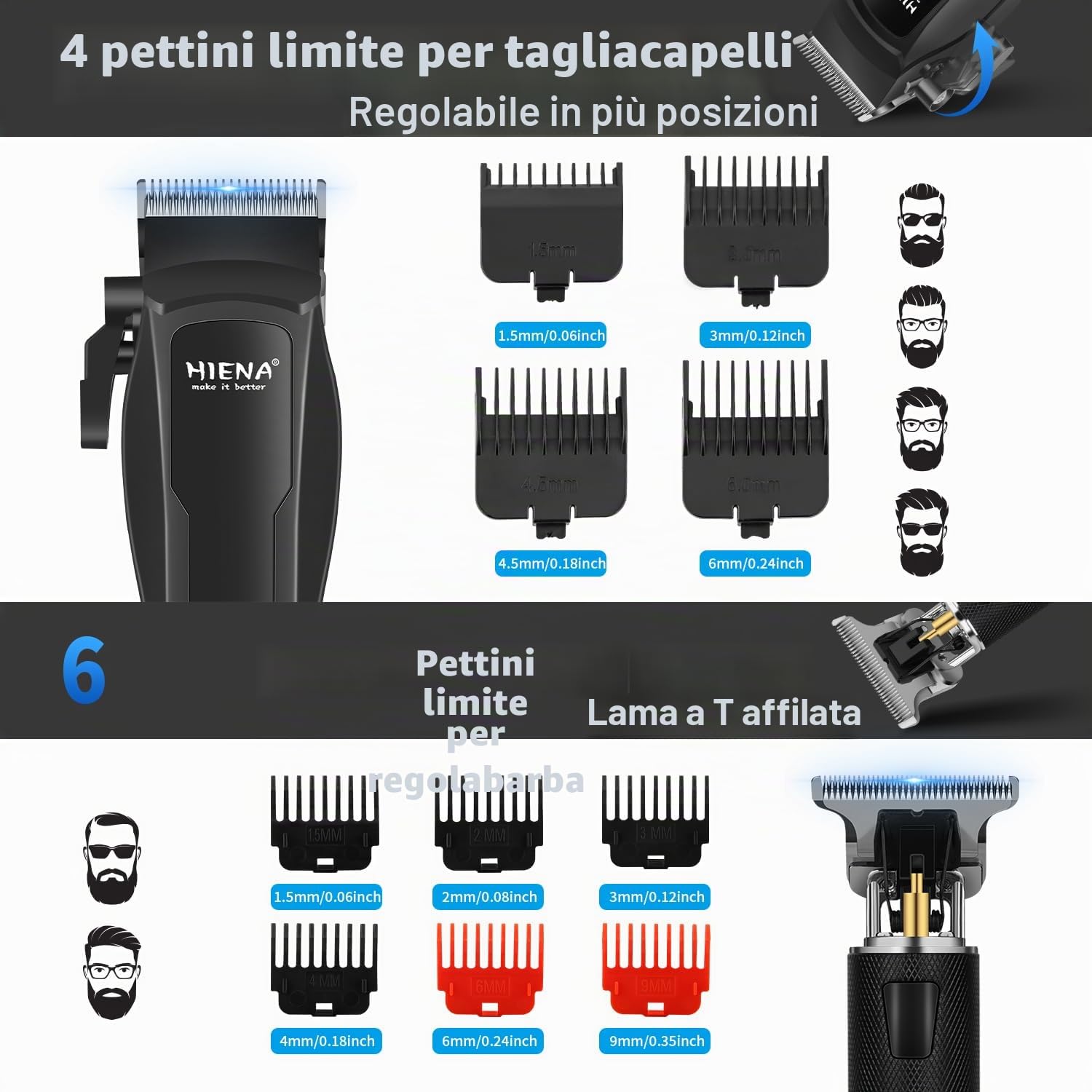 HIENA PRO Tagliacapelli Uomo Professionale, Macchinetta per Capelli Senza Fili, Regolabarba, Rasoio a Lamina, Tagliapeli Naso, Kit Completo per Rasatura e Taglio di Capelli Elettrico