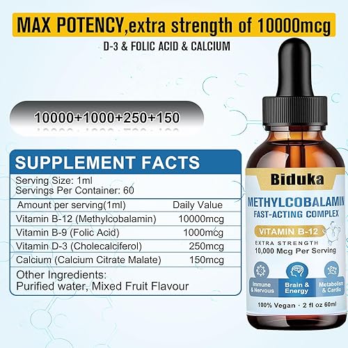 Miniatura 3 de Gotas líquidas sublinguales de vitamina B12 de 10,000 mcg, fórmula única con D3, B9 (ácido fólico), calcio, energía de apoyo, corazón, estado de