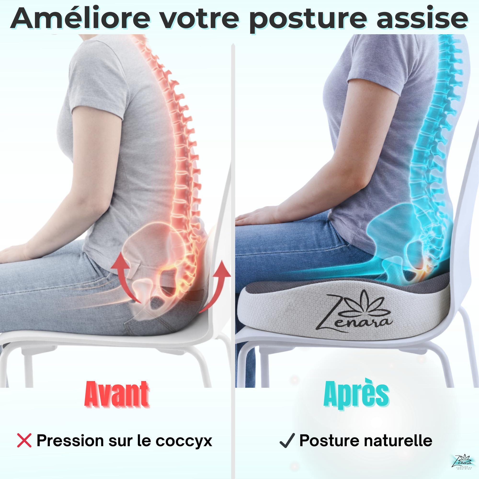Zenara Coussin Coccyx Chaise Bureau Ergonomique – Coussin Orthopédique Assise en Mousse à Mémoire de Forme – Coussin Siège Voiture et Bureau pour Améliorer la Posture et Réduire la Pression Coccyx
