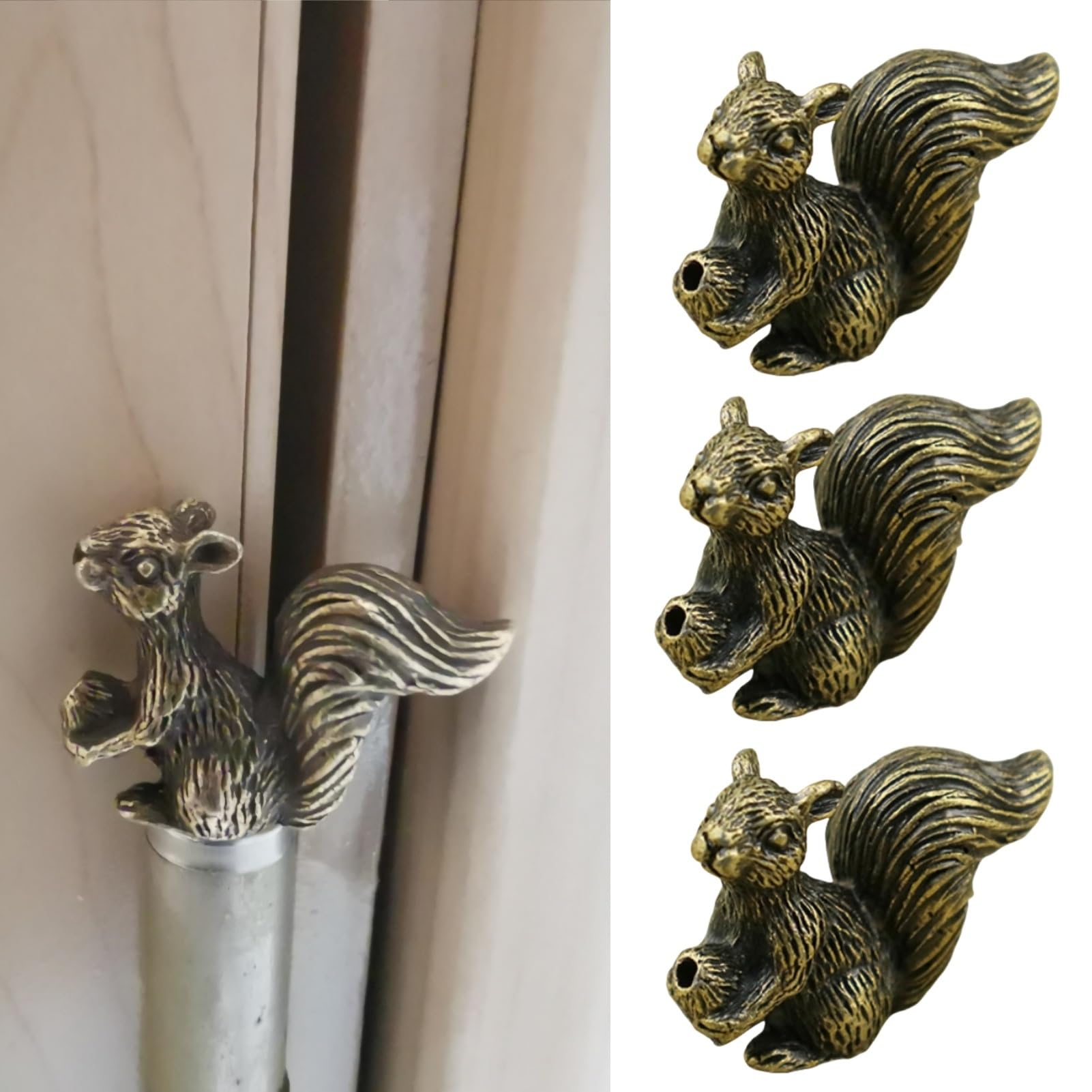3PCS Brass Mini Small Squirrel Hinge Heads Decorative Topper Set?Magnetic Hinge Head Toppers?Brass Squirrels Nuts Door Hinge Heads Decorative Topper Cute Magnetic Hinge Heads Figurines ?