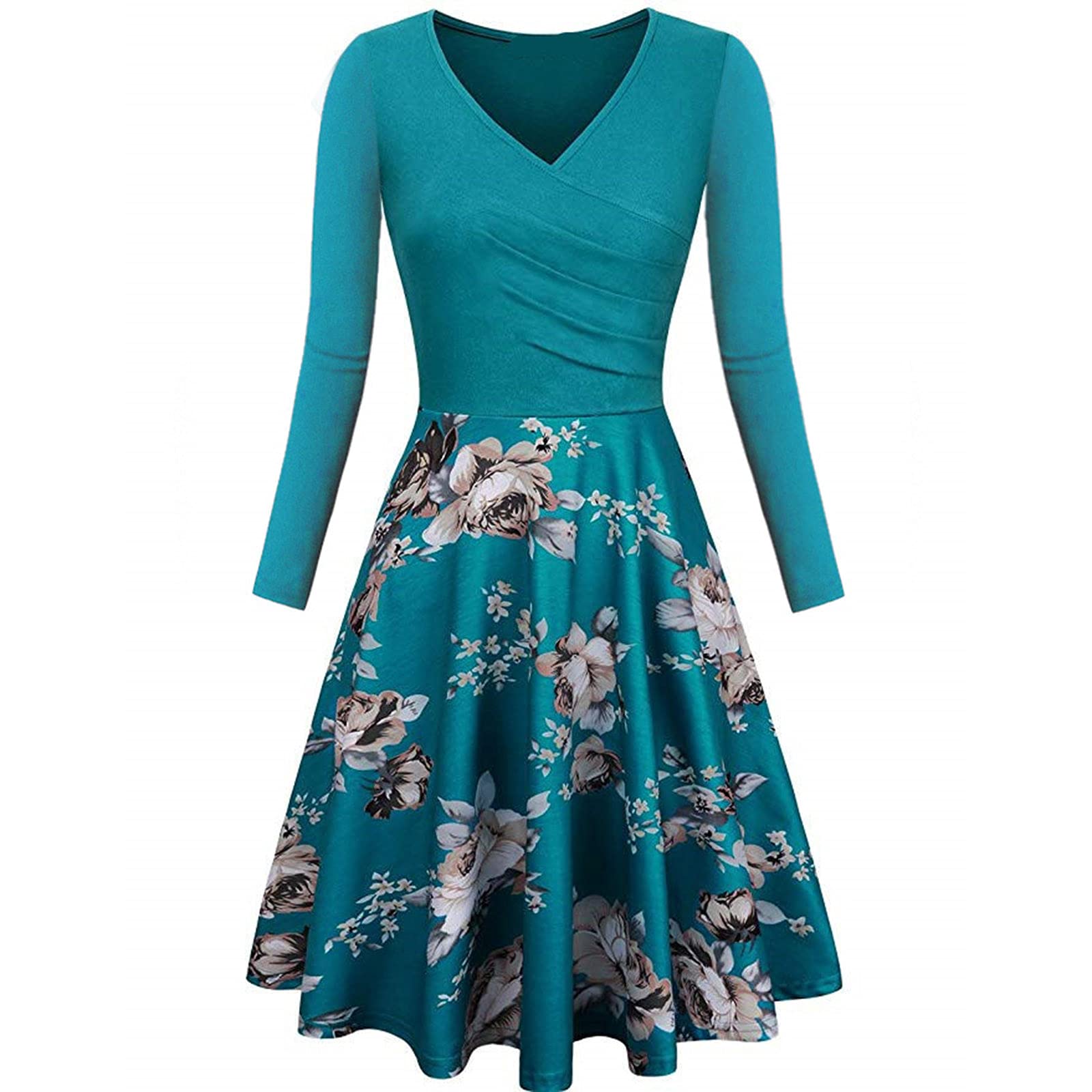 Women Dresses Clearance,Ladies V-Neck Long Sleeve Stitching Folded Lace Printed Big Plaid Dress UK Size Sale Summer Dresses for Women Work Dress Office Dress
