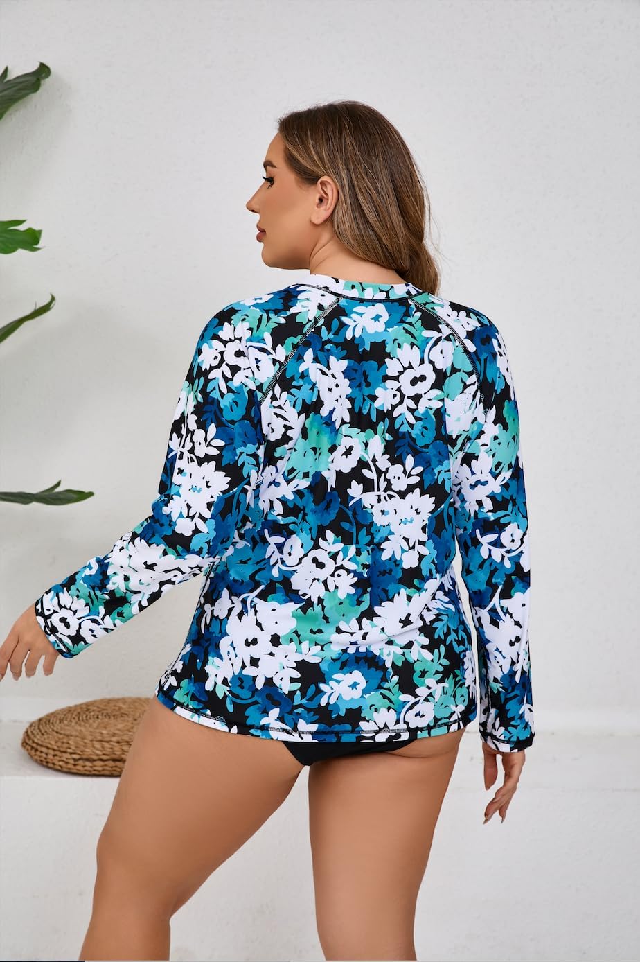 halcurt womens plus size long sleeve rash guard swim shirt with built in bra loose fit upf50+ swimsuit top blue green white floral 1x
