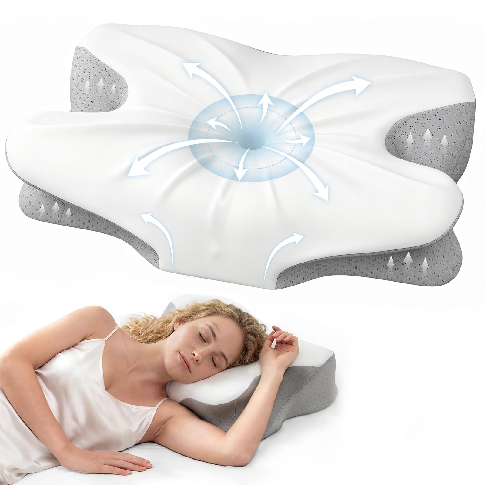Almohada cervical ortopédica de espuma viscoelástica, cojín cervical ergonómico para una comodidad óptima para dormir, con zona de apoyo para brazos para dormir de espalda, estómago y de lado