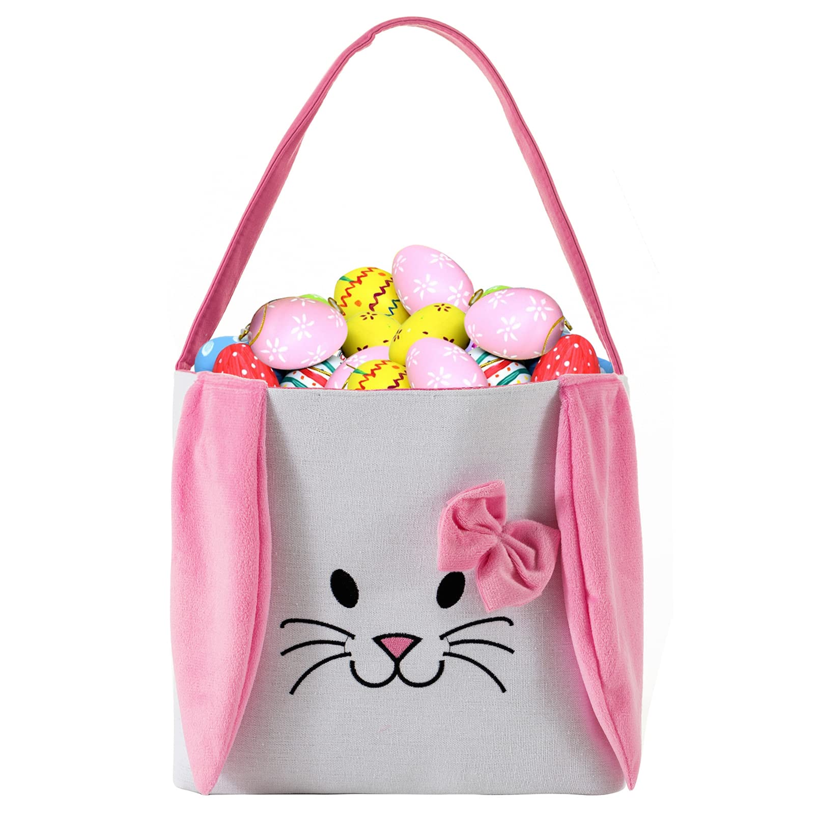 Easter Bunny Basket for Kids Easter Bucket Bag with Soft Ears Bunny Tote Bag for Easter Eggs Candy Gifts Storage (Pink)
