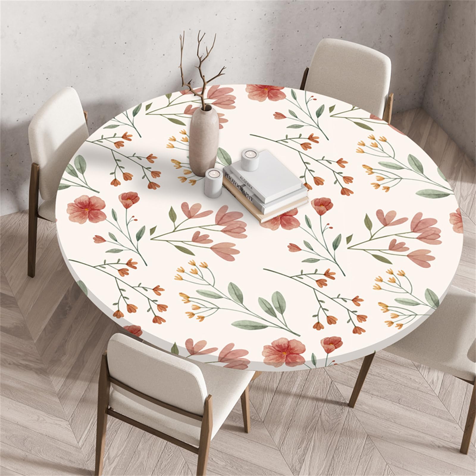 Muiuou Round Tablecloth, Waterproof Wipeable Table Cover Elastic Edge, Flower Printing Reusable Round Table Cover Cloth,Kitchen Fitted Restaurant Home Decoration (Diameter 80cm,Style 10)
