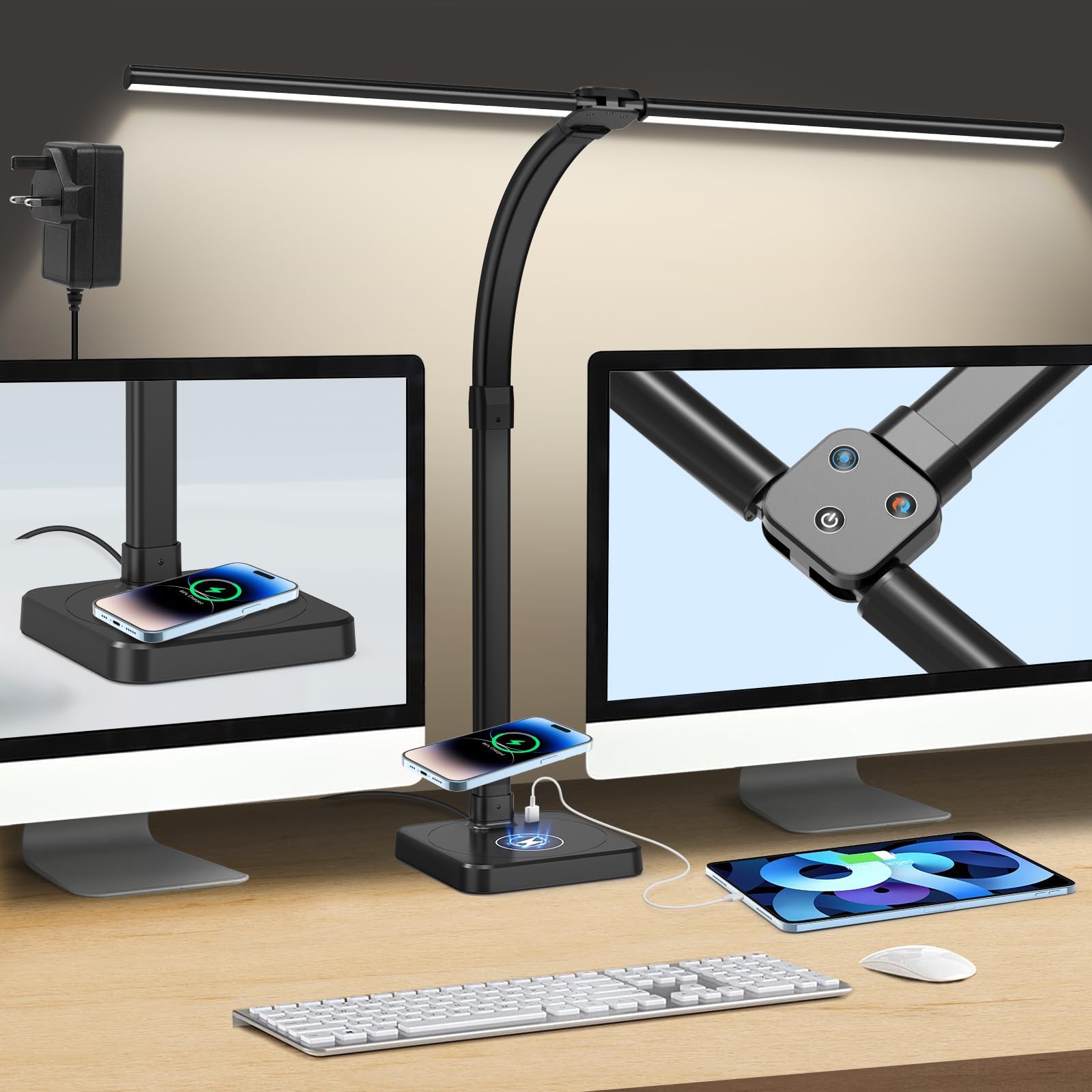 Eocean LED Desk Lamp for Home Office, 48W Double Head Table Lamp Desk Light with USB Charging Port & Wireless Charger, Dimmable Gooseneck Reading Light Study Lamp 5 Lighting Brightness