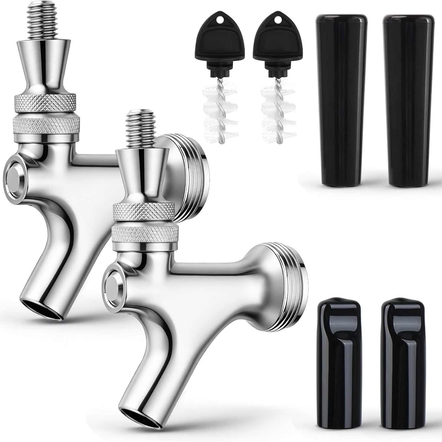 Standard Beer Faucet 304 Stainless Steel Core Beer Tap Faucet for Kegerator Tower Beer Keg Tap Dispenser System Beer Shanks, Smooth Pouring Polished Draft Beer Tower Faucet with Dust Plugs Brush(2PCS)