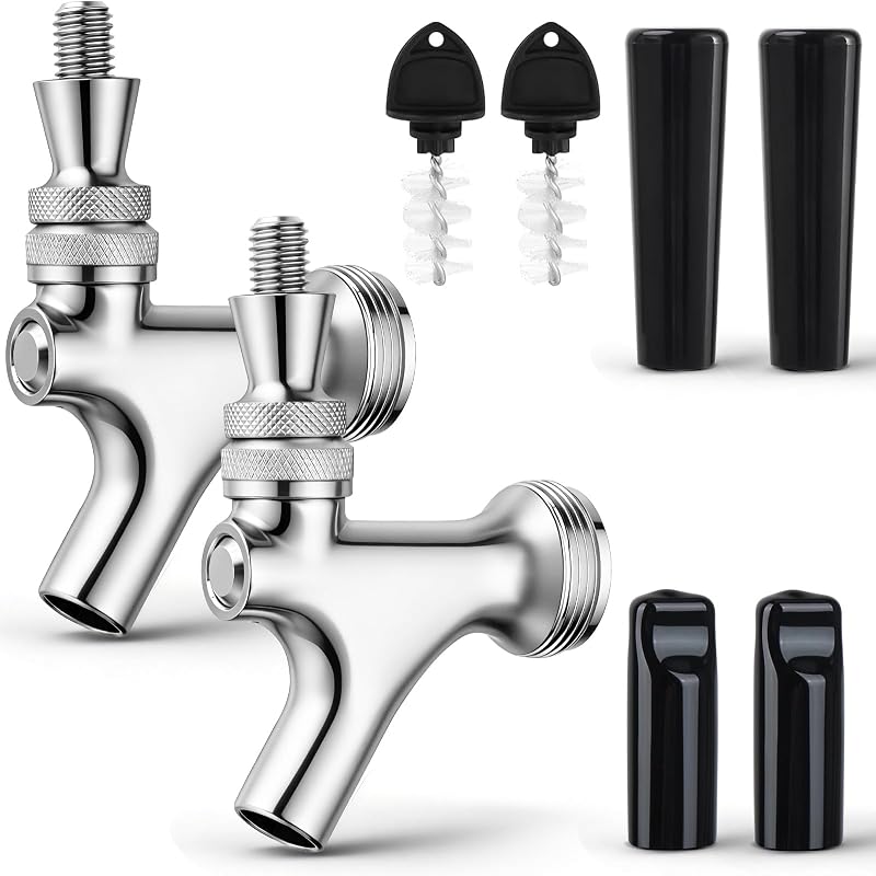 Grifo de cerveza estándar con núcleo de acero inoxidable 304, grifo de cerveza para torre Kegerator, sistema dispensador de grifo para barril de cerveza, vástagos de cerveza, grifo de torre de cerveza de barril pulido de vertido suave con cepillo para tapones antipolvo (2 piezas)