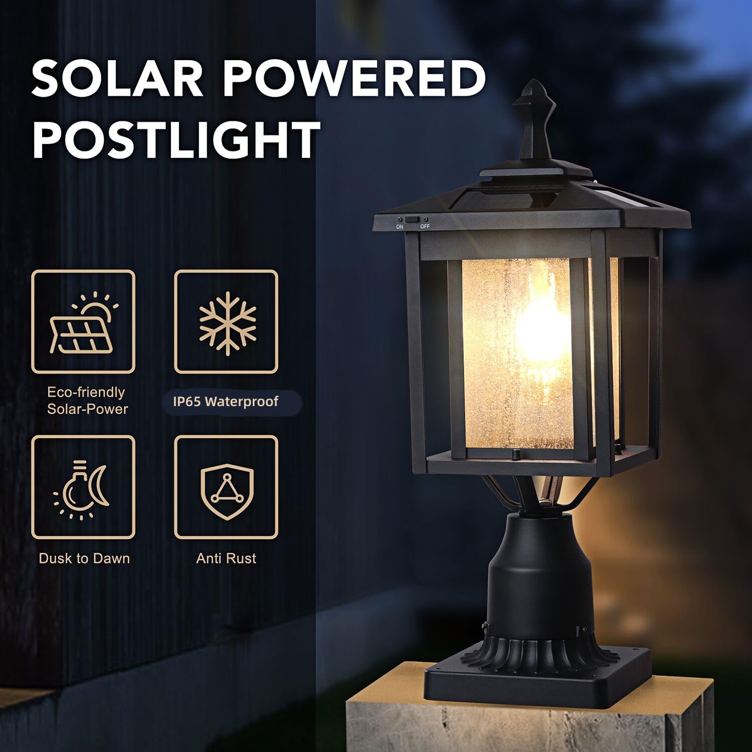 Outdoor Solar Lamp Post Light, Dusk to Dawn Waterproof Aluminum Post Lamp with Pier Mount Base for Pole Deck Yard Garden Gates Patio Walkway
