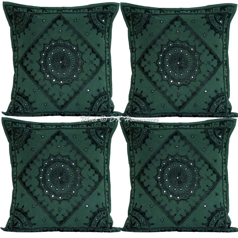 Fundas de Cojín para Sofá 60x60 cm Algodón Bordado con Espejos Estilo Boho Verde Oscuro Fundas de Almohada Decoración de Dormitorio - Pack de 4