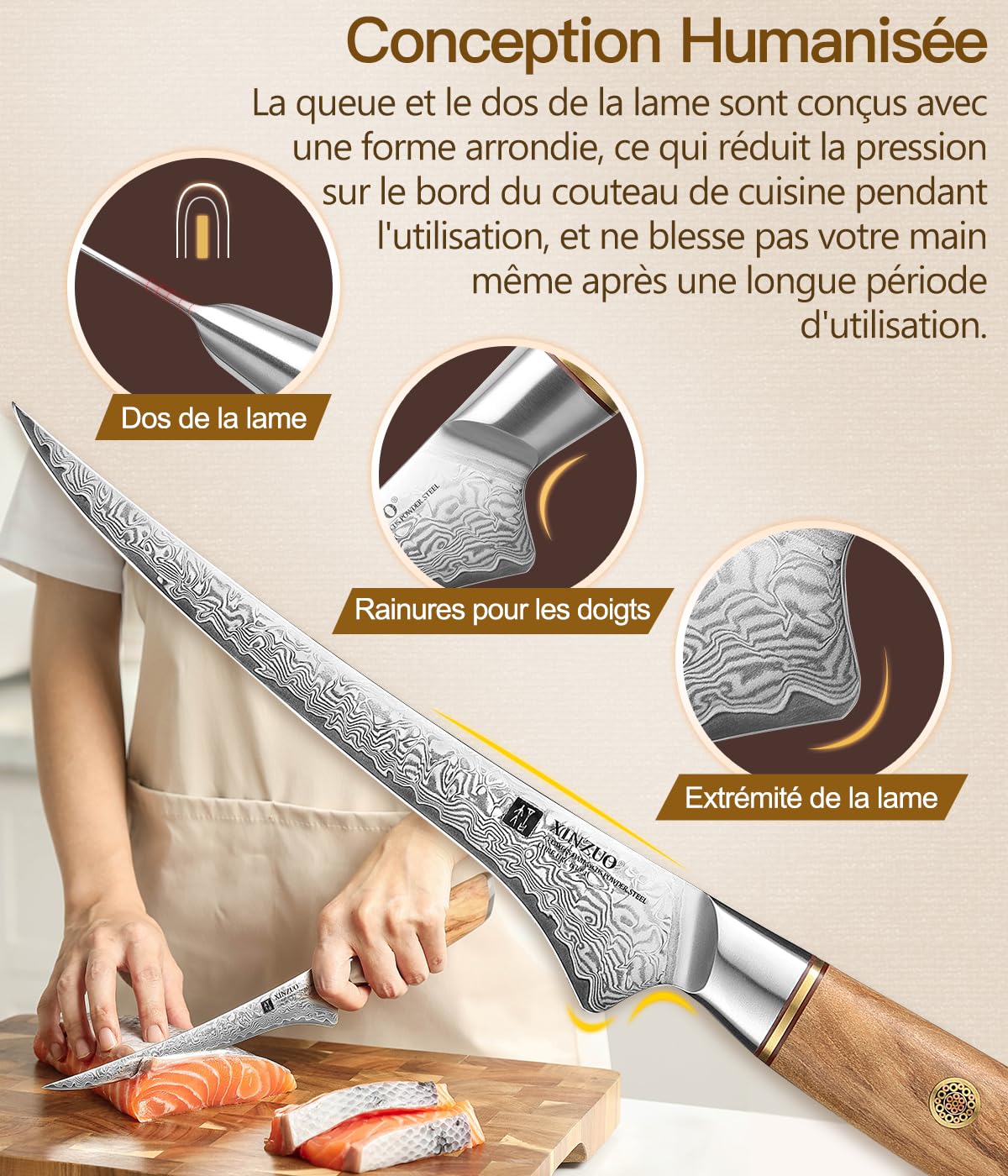 XINZUO Acier en Poudre de Damas 17,8cm Couteau à Filet,73 Couche Damas Acier de Couteau à Désosser pour Désosser le Poisson et la Viande,Couteaux à Fileter Chef Professionnel-Poignée en Bois d'Olivier