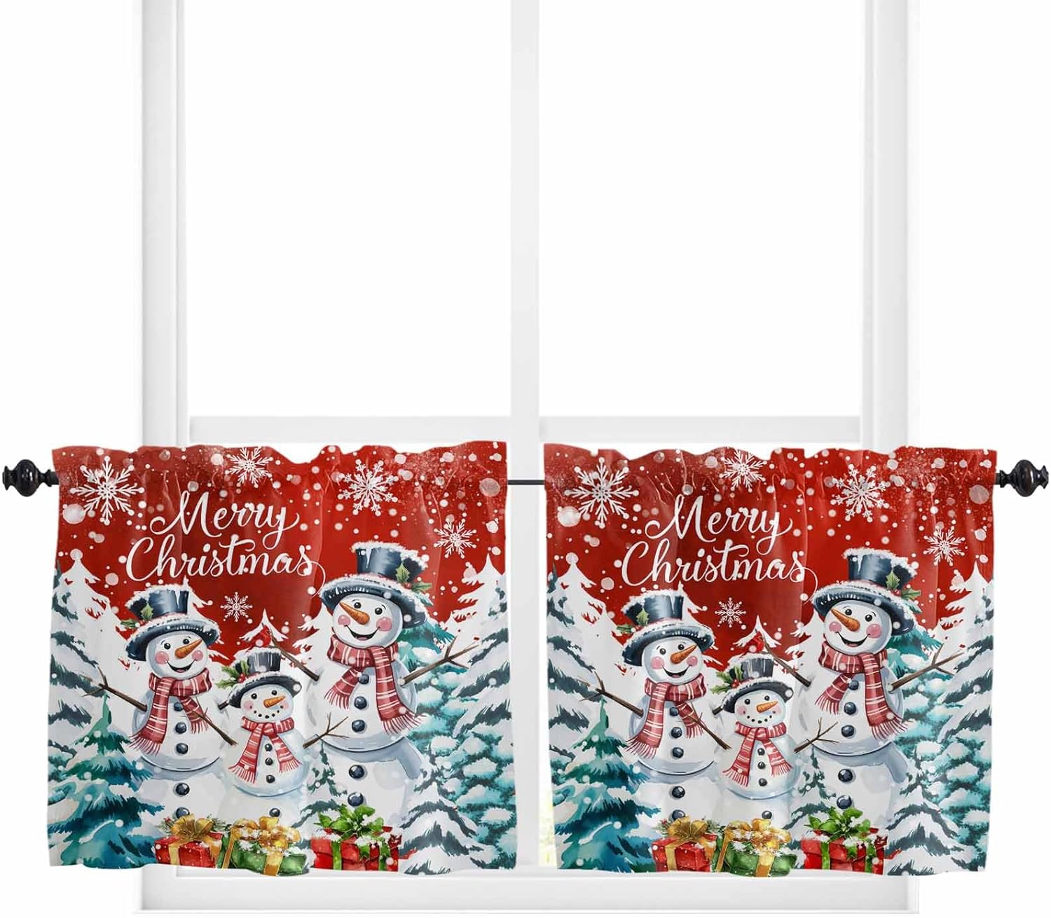 Christmas Snowman Tier Curtains 24 Inch Length 2 Panels, Winter Snowflake Xmas Tree Kitchen Curtains Drapes, Xmas Gifts Red Rod Pocket Window Treatment Curtains for Bedroom/Living Room/Cafe 55"x24"