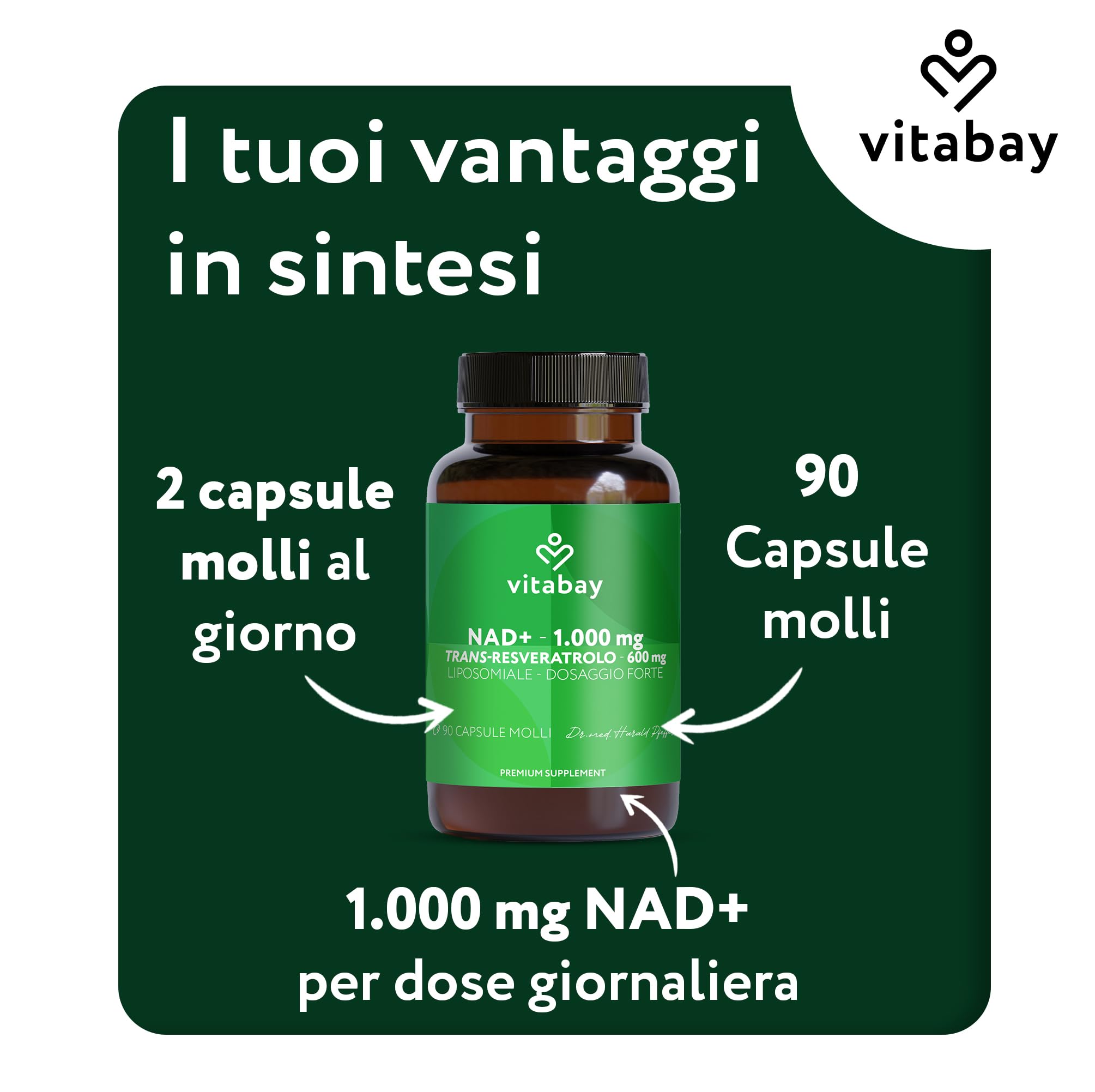 Vitabay NAD+ liposomiale 1000 mg con trans-resveratrolo 600 mg - 90 softgel vegane - alto dosaggio, vegano, testato in laboratorio in Germania - integratore NAD - senza OGM - 45 giorni