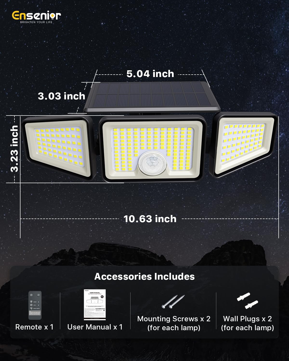 Ensenior Solarleuchten Außen Bewegungsmelder, 2600LM 220 LED Hohe Helligkeit, 3 Kopf 270° Weitwinkel Flutlichter, Fernbedienung Sicherheitsleuchten 4 Modi, IP65 Wasserdicht Kabellose Wandleuchte, 2