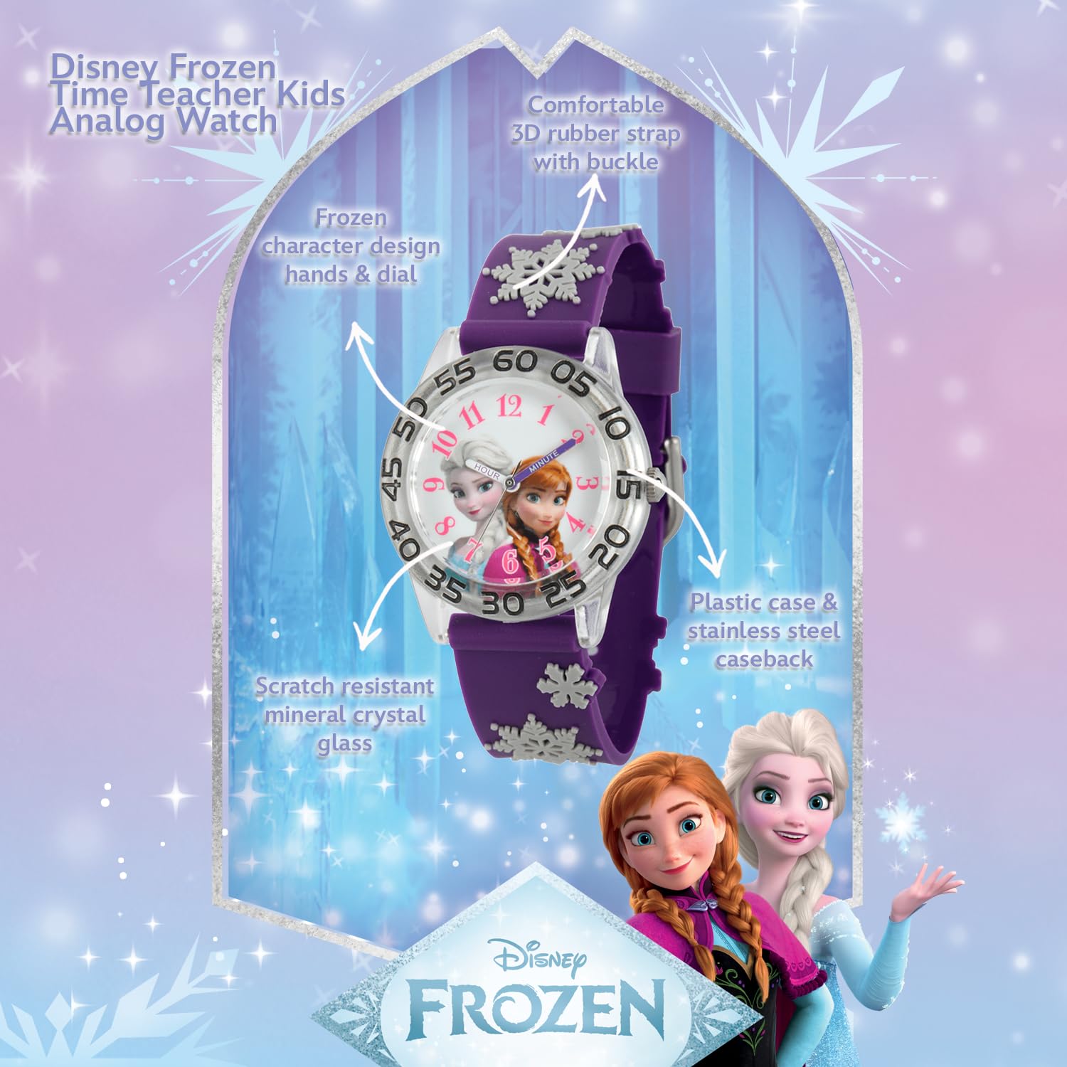 Disney Kids' W002437 Frozen ELSA & Anna Lernuhr mit Analog-Display, Armbanduhr, Analog, Lila, Quarz